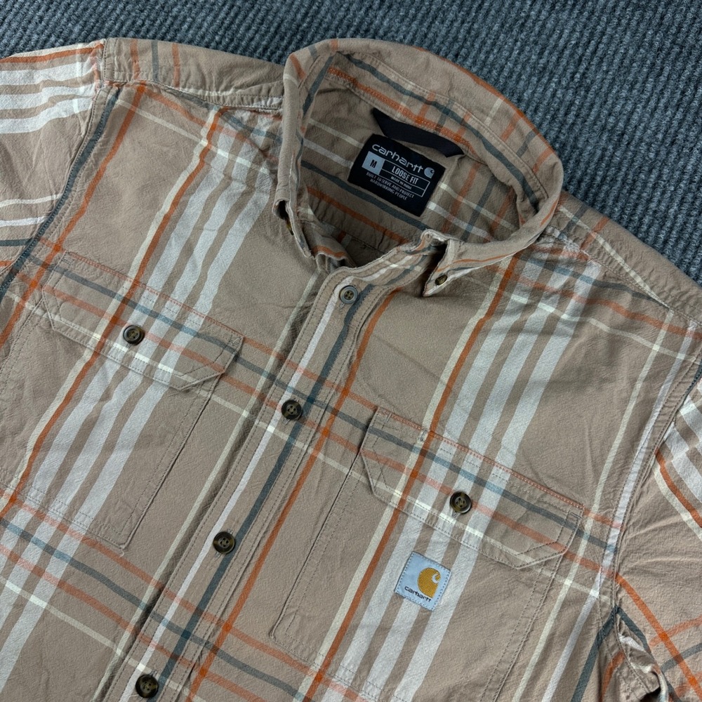 Carhartt Mens Loose Fit Short Sleeve Plaid Button Down Shirt Tan Orange 105175 M